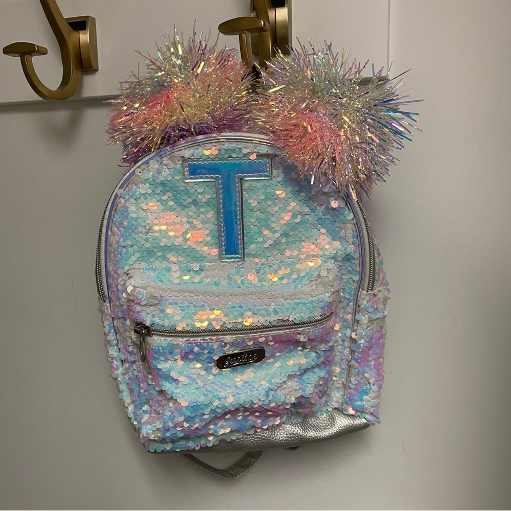 NWT Justice Girls Flip Sequin Holographic Pompom Initial Letter T Backpack